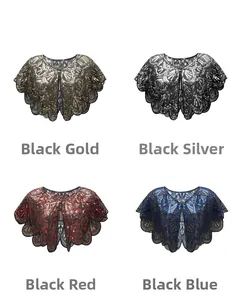 Detailed comparison of sequined shawls in black-gold, silver, red, and blue color variants