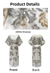 Close-up detail of silver and gold sequin embroidery on white V-neck evening gown