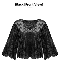 Macro detail of black sequined lace shawl with scalloped edges and flared sleeves