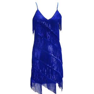 Detail view of the royal blue sequined tassels and V-neckline on the Latin dance dress