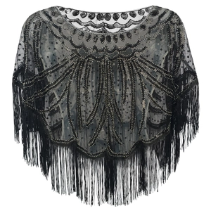 Detailed macro view of retro black mesh shawl with silver sequins and long fringes