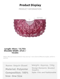 Detailed size chart for 1920s vintage burgundy sequin evening shawl with embroidery