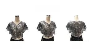 Three-way view of a vintage mesh bolero cape with silver Art Deco sequins and scalloped hem