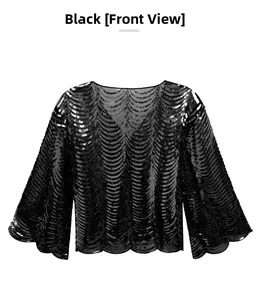 Close-up of black sequined lace shrug with wavy texture and flared sleeves detail