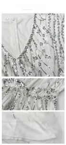Detail of V-neck white evening dress with silver sequins floral embroidery and zipper