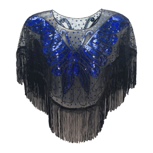 Eleganter schwarzer Netzschal mit blauem Pailletten-Schmetterling und Fransen