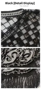 Detail of black mesh sequin shawl with diamond embroidery and long elegant fringes