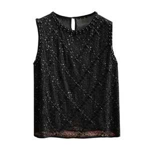 Canotta da Donna in Chiffon Senza Maniche Con Paillettes e Perline Girocollo Largo Elegante Top da Sera per Feste