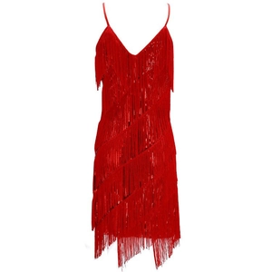 Vintage dark red Latin dance dress with sequins, tassels, and a deep V-neckline style