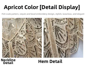 Detailed embroidery of apricot sequins and beads in a fish-scale pattern on mesh fabric