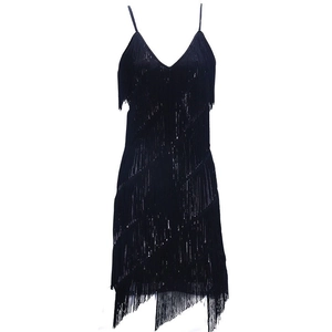 Retro black fringe dress with sequins for Latin dance performances and gala parties
