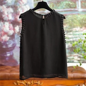 Elegante top in chiffon nero senza maniche con perline di paillettes e pizzo