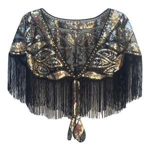 Vintage 1920s evening shawl with gold sequins and long black tassels for gala dresses