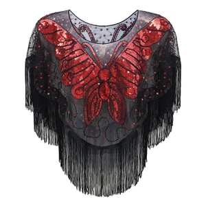 Schwarzer Retro Netzschal mit roten Pailletten-Schmetterling und langen Fransen