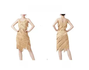 Detailed front and back views of a gold fringe tassel dance dress with sequined beads