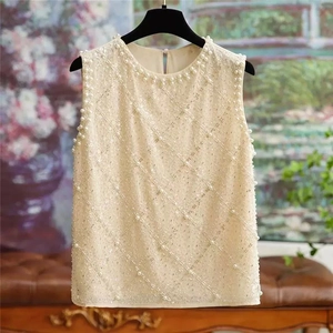 Gilet elegante di paillettes champagne con perle e motivo a rombi da donna