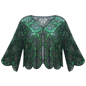 Châle à paillettes vertes style années 1920 avec bords festonnés et manches mi-longues