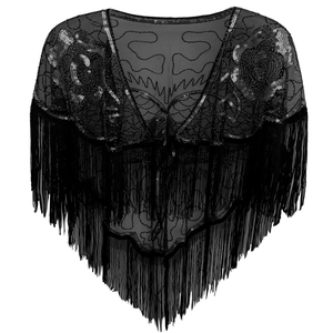 Cape de soirée rétro années 1920 noire avec paillettes et franges pour femmes