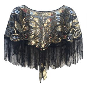 1920s vintage evening shawl with black mesh, gold sequins, and long fringe detailing