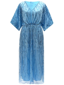 Women Vintage 1920s Gatsby Evening Dress V Neck Sequin Beaded Maxi Gown Butterfly Sleeve Elegant Party Dress For Banquet