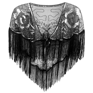 Châle Gatsby vintage des années 1920 en résille noire avec paillettes argentées et franges