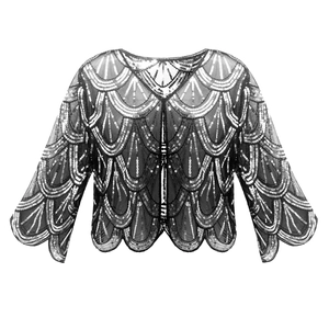 Détails du boléro argenté à paillettes style années 1920 avec motif festonné