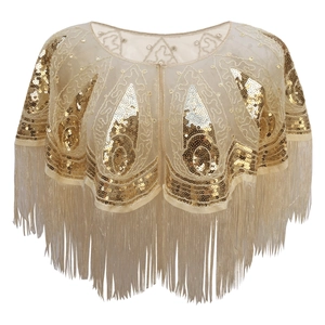 Elegant gold sequin shawl with 1920s vintage patterns and long tassels for evening dresses