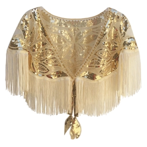 1920s vintage champagne gold sequin shawl with elegant tassels and floral embroidery