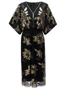 Elegant black V-neck party dress with intricate gold sequin floral embroidery