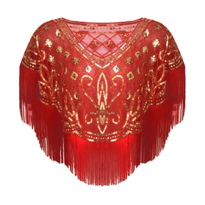Vintage red mesh shawl with gold sequins and tassel fringe for party and prom