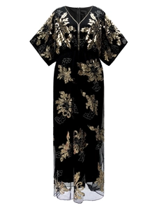 Elegant V-neck long black dress with golden sequin floral embroidery and mesh sleeves