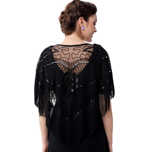 Châle de soirée vintage noir des années 1920 avec paillettes, perles et franges