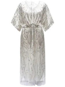 White vintage 1920s evening gown with silver sequins, V-neck, and butterfly sleeves