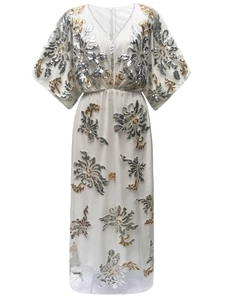 Elegant white V-neck maxi dress with vintage gold and silver sequin floral patterns
