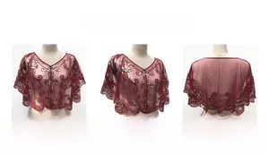 Three-way view of burgundy sequined mesh shawl showing front side and back details