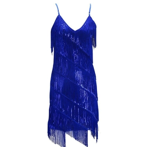 Royal blue Latin dance dress featuring sequined tassels and a sexy V-neck backless design