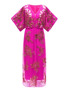 Elegant rose red V-neck maxi dress with luxury gold sequin flower embroidery and wide sleeves