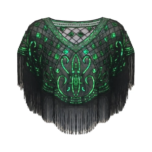 Vintage black mesh sequin shawl with green geometric patterns and long tassels