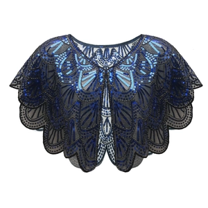 Vintage evening shawl with blue sequins and art deco pattern on black mesh for parties