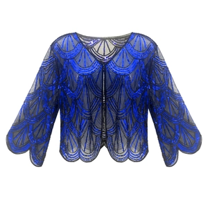 Veste boléro élégante de style 1920 bleu roi avec broderie de paillettes sur tulle fin