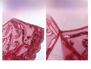Close-up of red sequin shawl with intricate beadwork and a snap button at the neckline