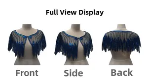 Front, side, and back views of a dark blue sequined capelet with scalloped edges
