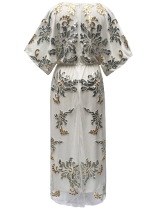 Elegant 1920s vintage white V-neck sequin dress with floral embroidery for weddings