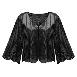Elegant black sequined short shawl cardigan with V-neck and wavy textured pattern for women