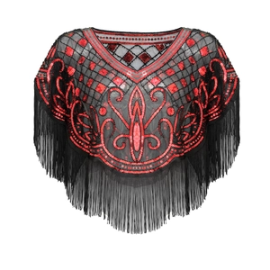 Vintage 1920s style mesh shawl with red sequins and black fringe tassels on white background