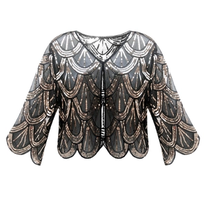 Détails du boléro Art Déco des années 1920 en maille noire avec paillettes or et argent