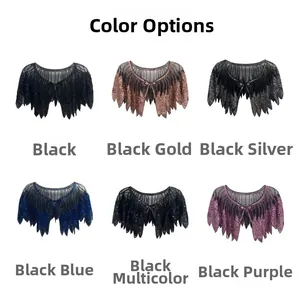 Color options display of sequined mesh capes featuring feather-style edges for parties