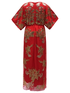 Elegant V-neck red maxi dress with gold floral sequins and long batwing sleeves