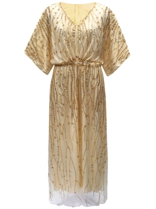 Champagne gold V-neck evening gown with sequins and wide batwing sleeves
