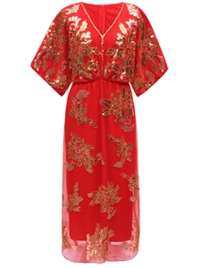 Elegant red V-neck sequin dress with gold floral patterns and long batwing sleeves